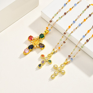 Collier Pendentif Croix Bohème en Cuivre Micro-Incrusté de Zircons, Perles Colorées, Bijoux Tendance pour Femme - Product Image 1