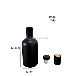 En stock, bouteilles de vin rondes en verre noir mat de 100 ml avec bouchon noir et films rétractables - Product Image 1