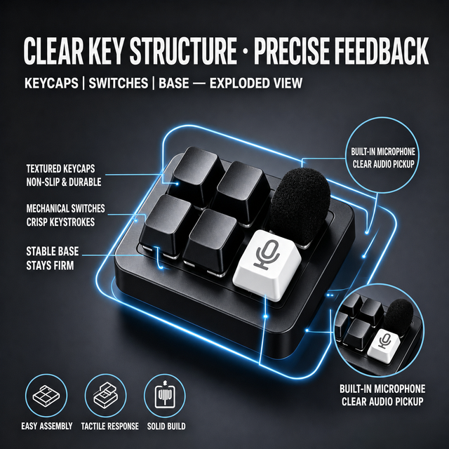 Wireless Dual Mode Capacitive Mini 5-Key Macro Pad Built Microphone Programmable Mechanical Laptop Keypad for Streaming Coding.