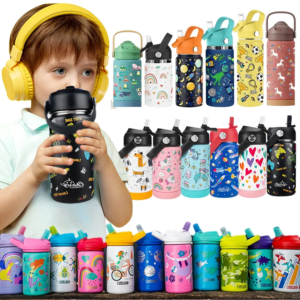 BPA Free Cute Cartoon Kids Insulated Water Bottle Stainless Steel Vacuum Insulated Toddler Cup Bottle with Straws For School