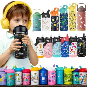 Garrafa de água isolada para crianças, garrafa de aço inoxidável com canudos para crianças, desenho animado e sem BPA, ideal para uso escolar