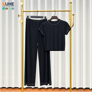 Ensemble de détente 2 pièces SUHE pour femme en soie modale, haut à manches courtes et pantalon large, noir uni, vêtements de nuit décontractés, taille élastique, confortable - Product Image 4