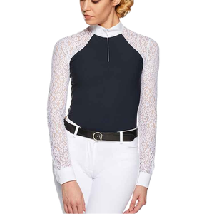 Haut d'équitation pour femme à manches longues, col lacé, fermeture éclair sur le devant, coupe ajustée, style moderne, blanc et noir - Product Image 1