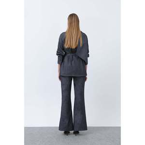 Loreen Women's Burgundy <b>Wrap</b> Neck Belt Detailed Denim Pants Set - Stylish Two-Piece Outfit for Casual and Elegant Wear - Product Image 4