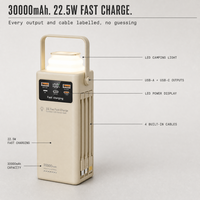 Chargeur portable haute capacité 22,5W 30 000mAh à charge rapide avec câble intégré USB-A/USB-C et lampe de camping pour activités extérieures