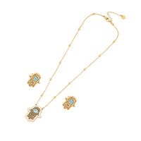 Ensemble de Bijoux Vintage Plaqué Or 18 Carats : Clous d'Oreilles Arbre de Vie et Collier Pendentif Main de Fatma en Acier Inoxydable Turquoise