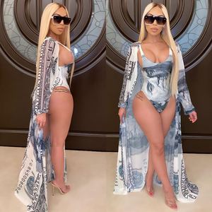 Women's Latest Swimwear Fashion Casual Money Printed Cape + <strong>Bikini</strong> Split Swimsuit With Belt Swimsuits <strong>Skimpy</strong> <strong>Bikini</strong> - Product Image 5