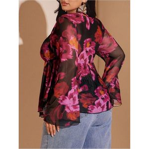 Blusa de primavera para mujer, talla grande, estilo bohemio, con estampado floral, malla, manga acampanada, volantes, lazo frontal y cuello en V con peplum - Product Image 2
