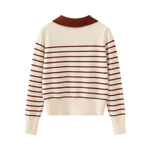 Zhan Ya Women's Striped Collared Long Sleeve Slim Fit Knit <b>Cardigan</b> Anti Pilling Contrast Color - Product Image 2