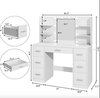 Mobilier de chambre à coucher moderne Commode de maquillage à lumière LED Table de toilette de bureau transparente à 13 tiroirs avec station de charge