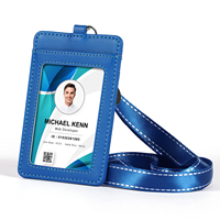 Porte-carte d'identité vertical en cuir véritable et PU, poche avant transparente avec cordon de cou pour badge de personnel de bureau