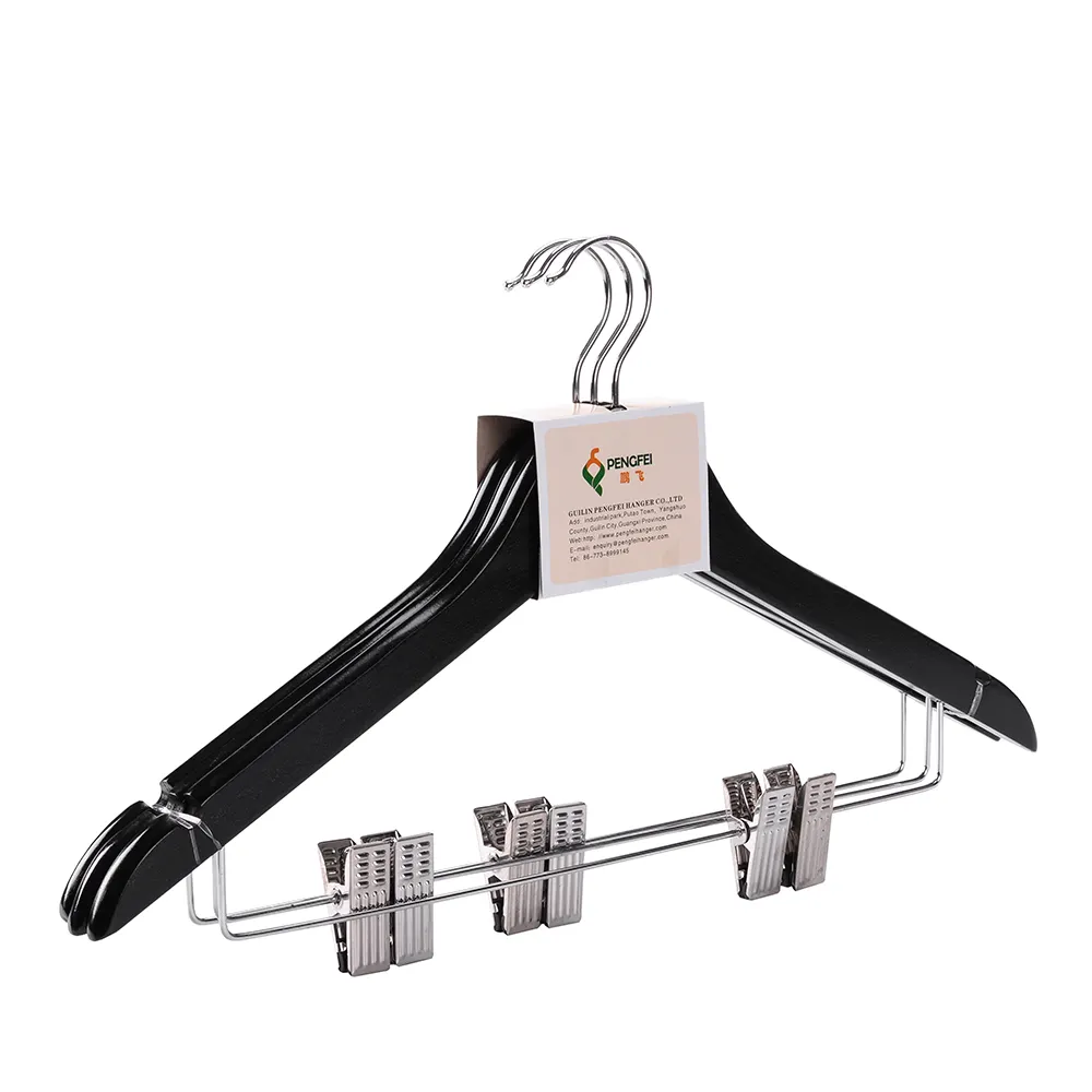 Factory black clips wood shirt hanger  wooden clothes hanger with clips