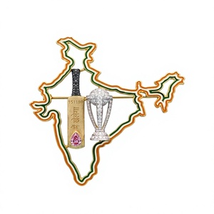 India <b>Map</b> Tie Clip With Cricket Bat And Trophy Diamond Accents Gold Men's Jewelry Gift - Product Image 1