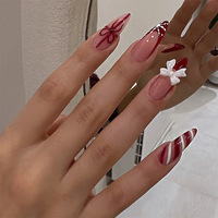 Faux ongles à presser en amande, motif nœud papillon et fleur, avec strass 3D, couleur vin rouge français