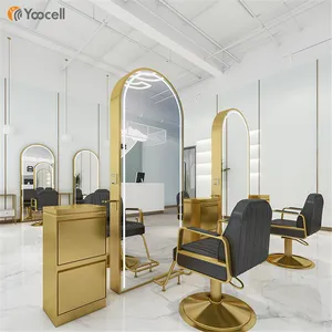Yoocell Лидер продаж, роскошное зеркало для салона, Золотая станция для укладки, Парикмахерское зеркало со светодиодной подсветкой, двустороннее для украшения салона