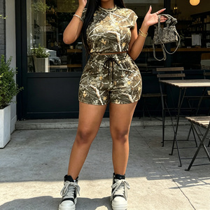 Women's Camouflage Print 2 Piece Shorts Set Casual Spring Summer Knitted <b>Tops</b> And Above Knee Shorts Regular Fit - Product Image 3