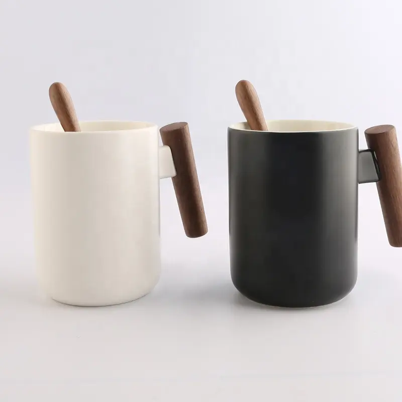Taza de café de cerámica con mango de madera, con cuchara, 12oz, novedad