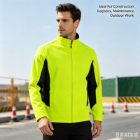 Veste Softshell Coupe-Vent Haute Visibilité avec Panneaux Fluorescents Contrastants, Col Montant, Fermeture Éclair, Manteau de Travail de Sécurité pour la Construction
