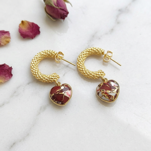 Pendientes de Aro Minimalistas con Piedras Preciosas en Forma de Corazón, Turquesa y Cobre Rojo, Latón Chapado en Oro de 18k, Estilo Romántico, Pendientes de Diseño para Mujer - Product Image 2