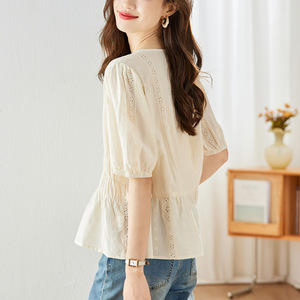 Cotton Hollow-out Embroidered Apricot <strong>Shirt</strong> <strong>Women's</strong> Short-Sleeved Summer New Design Chic Coat Small <strong>Shirt</strong> - Product Image 4
