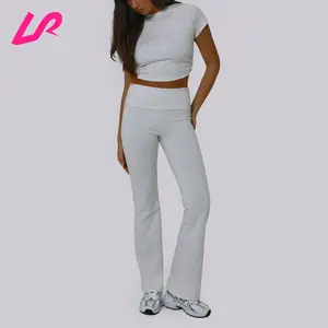 2024 Custom Ladies Fashion Cotton Lounge Wear Crop Top Flare Pants Outfits Comfy Soft Skims Lounge Wear Ribbed Causal Set