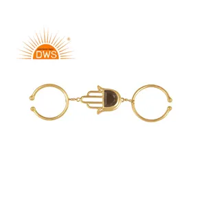 Smoky Quartz Gemstone Ring 14k Yellow Gold Plated Hamsa Hand Design Silver 925 Ring Jewelry Manufacturer