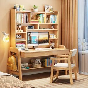 <b>Solid</b> <b>Wood</b> Study <b>Desk</b> With Bookshelf 80-140cm Height Adjustable For Student Home Office Reading Storage - Product Image 2