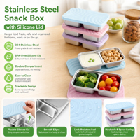 Nouvelle boîte de rangement alimentaire minimaliste moderne en acier inoxydable 304, compatible micro-ondes, avec compartiments et couvercle en silicone, pour l'export.