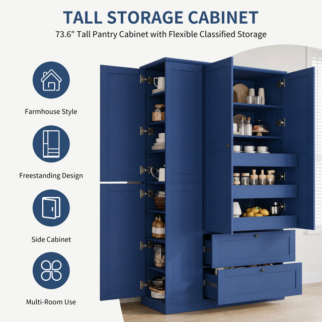 [US Stock] Free Shipping 73.6" Tall Farmhouse Kitchen Pantry Cabinet and Side Cabinets Domestic US Shipping MOQ 1