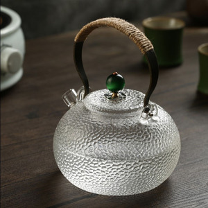 Tetera de vidrio martillado con mango de cobre, resistente a altas temperaturas, juego de té Kung Fu, forma redonda, para té de la tarde - Product Image 4
