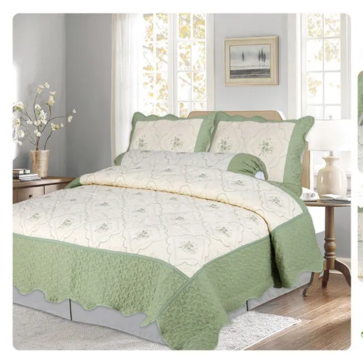 Microfiber Quilt Set Embroidery Green Color Colchas Lightweight Coverlets Home Bedding Edredones Bedspread Set