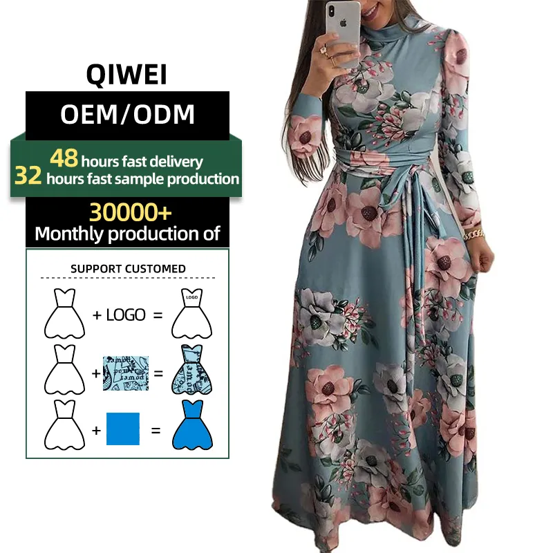 OEM/ODM Fashion sexy ladies o-collo manica lunga lace up vita alta summer flower print abiti Casual da donna