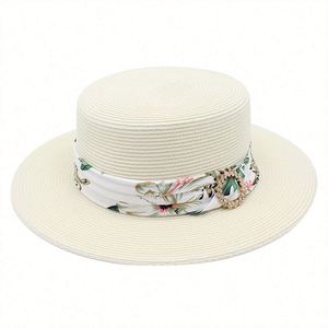 Summer Women Lady Female Boater <b>Hat</b> Jewel Ring Hawaii Floral Design 100% Paper Straw <b>Hat</b> <b>for</b> Beach Outdoor Fashion Sun Shade - Product Image 3