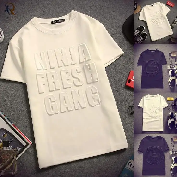 OEM พัฟพิมพ์โลโก้นูนเสื้อTeeผู้ชายผ้าฝ้ายอินทรีย์Tshirt Oversizeธรรมดากราฟิกที่กําหนดเอง 3DนูนMensเสื้อยืด