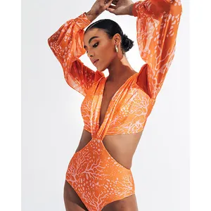 JSN71004 China Badmode Fabriek Groothandel Lange Mouw Mesh Jumpsuit Badpak Uitgesneden Strand Dragen Gedrukt Bikini