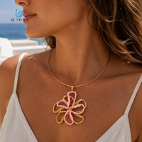Collier en acier inoxydable SUMMLY avec pendentif fleur creuse et chaîne serpent, collier grande fleur en émail coloré, frais et élégant