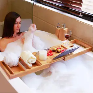 现货木质豪华浴缸盒竹浴缸托盘，带延伸侧淋浴收纳器