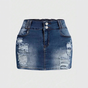 Mini-jupe en jean taille haute élastique pour femme, style déchiré bleu, coupe Europe-Amérique - Product Image 2