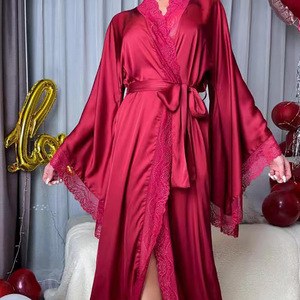 Vendita calda di lusso Kimono in raso abito da donna a manica lunga da salotto elegante <span class=keywords><strong>accappatoio</strong></span> con finiture in pizzo - Product Image 2