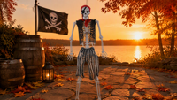 Squelette de pirate d'Halloween SIPKLR 165 cm, taille réelle, articulations mobiles, squelette humain en plastique, décoration, bandana rouge, cache-œil