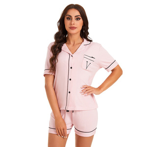 Conjunto de pantalones cortos de manga corta informales de verano <span class=keywords><strong>para</strong></span> <span class=keywords><strong>mujer</strong></span> <span class=keywords><strong>para</strong></span> explosiones de <span class=keywords><strong>Amazon</strong></span>, pijama fino Modal, cintura elástica, ropa de casa de Color sólido - Product Image 6