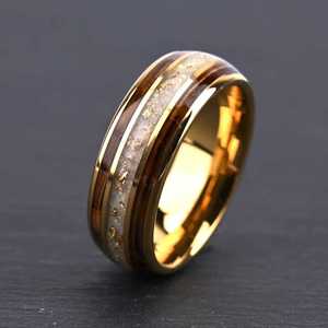 Lussuoso anello di tungsteno da 8mm placcato in oro 18K con opale australiano, lamina d'oro e intarsio in legno di Koa hawaiana, fede nuziale artigianale - Product Image 3