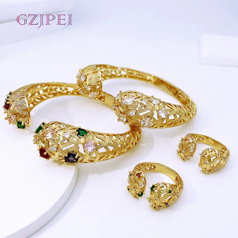 GZJPEI set perhiasan 18k wanita, set gelang cincin berkualitas tinggi berlian berlapis emas