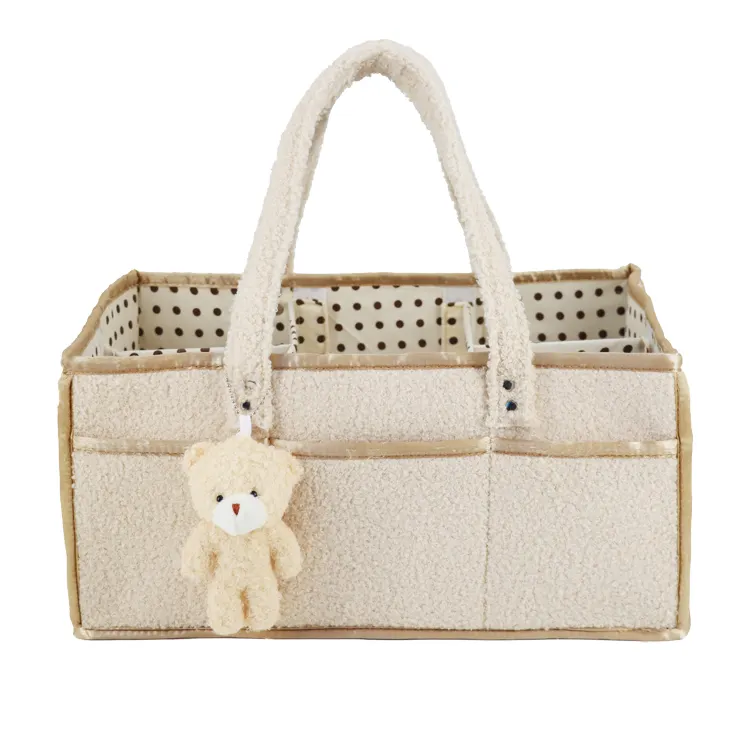New design Large Capacity Baby teddy Diaper Caddy Organizer Diaper Storage Tote Bag Travel Diaper Bag with bear ornament