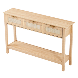 Rattan Console Table With 3 Storage Drawers Natural Rattan Sliding <b>Door</b> Entryway Sofa Table - Product Image 5