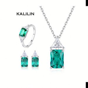 Juego de Joyería de Plata con Baño de Rodio de Alta Calidad, Corte Esmeralda de 5*7mm, Collar y Aretes de Zirconia, Regalo para Bodas y Fiestas - Product Image 1