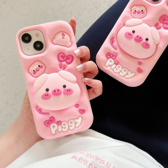 3D Cute Cartoon Silicone Phone case Pink Bracket Pet Pig Shockproof Mobile Phone Case for iPhone 16 Pro Max 15 Pro Max