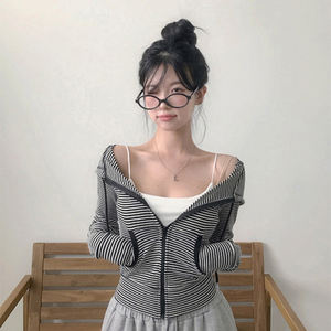 Women Sweet Striped Hooded Cardigan | Slim Fit Cropped Zip Up <b>Long</b> <b>Sleeve</b> Jacket Preppy Casual Daily Wear <b>Top</b> - Product Image 2