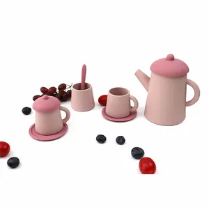 Bpa kostenlos Spielset Teekannen Tee tassen Geschirr spielen Prinzessin Spielzeug Geschenke Pfirsich rosa Silikon Tea Party Sets für Baby