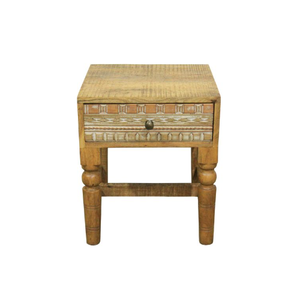 Chevet 1 tiroir en manguier massif sculpté Design naturel et blanc finition dégradée dos Mdf - Product Image 2